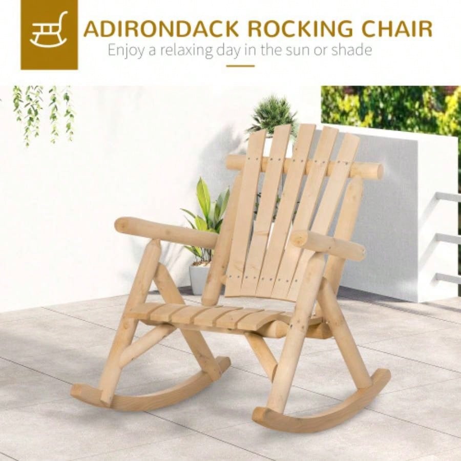 Outsunny Outdoor Wooden Rocking Chair, Single - Person Rustic Adirondack Rocker with Slatted, High Backrest, Armrests Patio, Garden and Porch, Natural