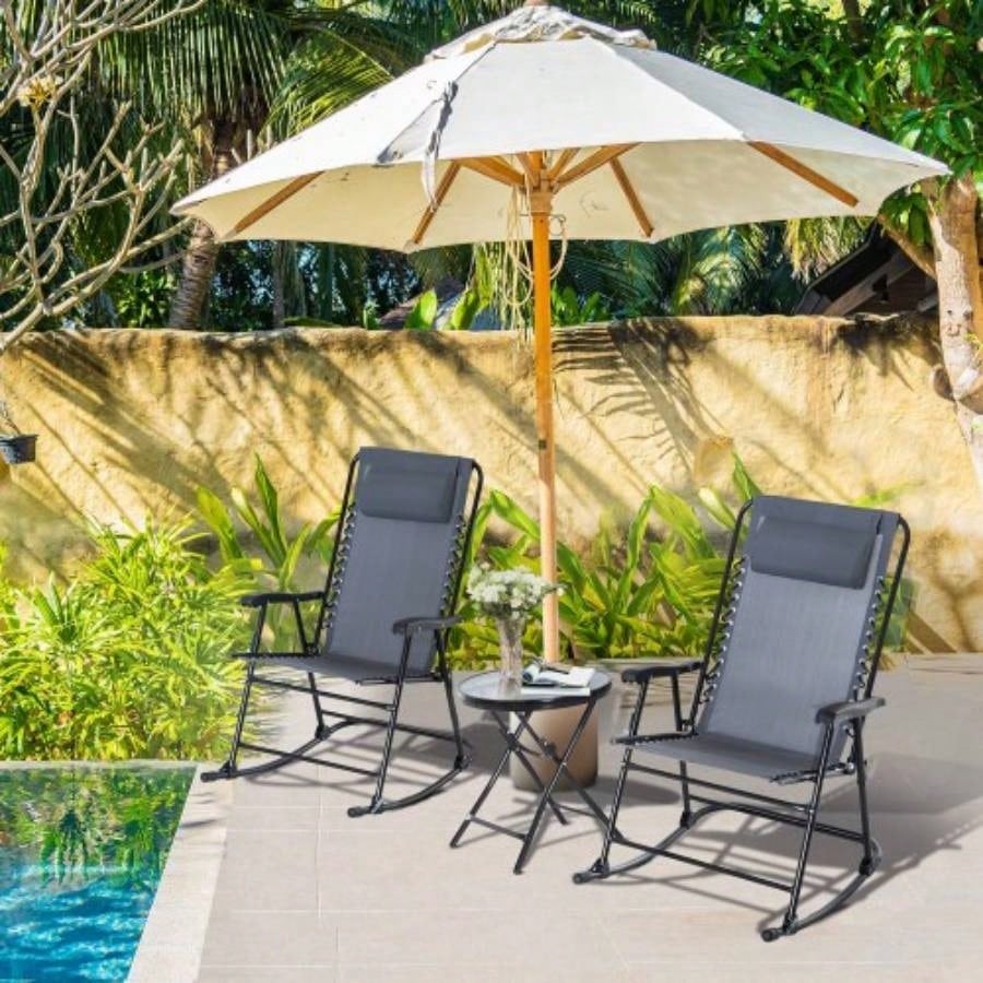 Outsunny 3 Piece Outdoor Rocking Bistro Set, Patio Folding Chair Table Set with Glass Coffee Table Yard, Patio, Deck, Backyard,