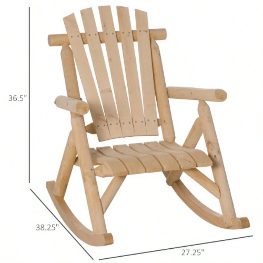 Outsunny Outdoor Wooden Rocking Chair, Single - Person Rustic Adirondack Rocker with Slatted, High Backrest, Armrests Patio, Garden and Porch, Natural