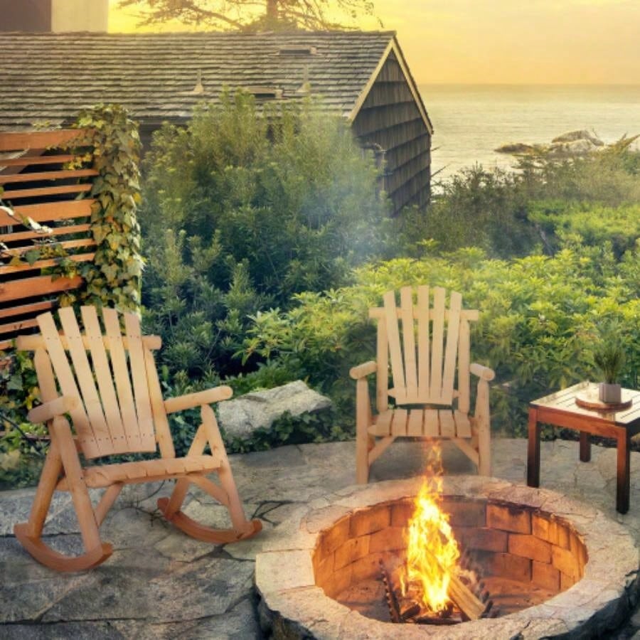 Outsunny Outdoor Wooden Rocking Chair, Single - Person Rustic Adirondack Rocker with Slatted, High Backrest, Armrests Patio, Garden and Porch, Natural