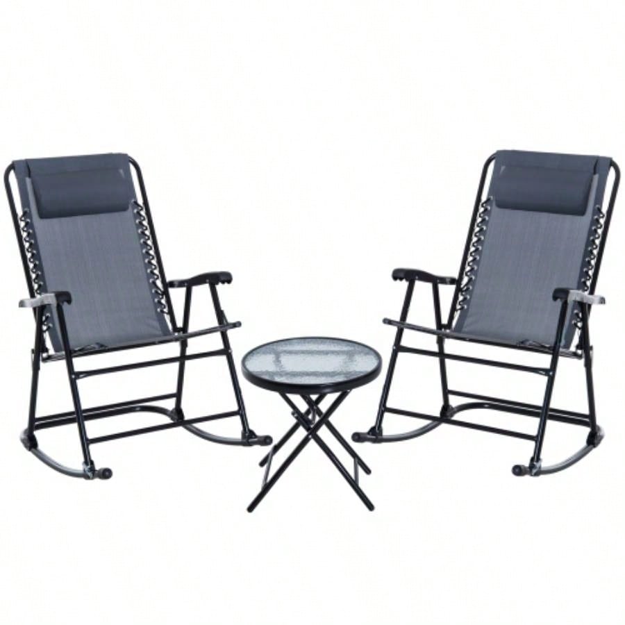 Outsunny 3 Piece Outdoor Rocking Bistro Set, Patio Folding Chair Table Set with Glass Coffee Table Yard, Patio, Deck, Backyard,