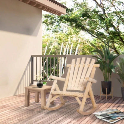 Outsunny Outdoor Wooden Rocking Chair, Single - Person Rustic Adirondack Rocker with Slatted, High Backrest, Armrests Patio, Garden and Porch, Natural