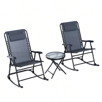 Outsunny 3 Piece Outdoor Rocking Bistro Set, Patio Folding Chair Table Set with Glass Coffee Table Yard, Patio, Deck, Backyard,