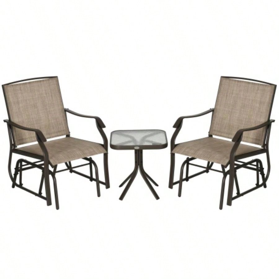 Outsunny 3 Piece Outdoor Glider Chair with Coffee Table Bistro Set, 2 Patio Rocking Swing Chairs with Breathable Sling Fabric, Glass Tabletop, Backyard, Garden and Porch, Mixed Brown