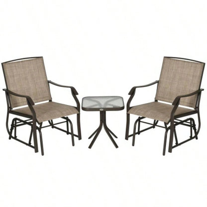 Outsunny 3 Piece Outdoor Glider Chair with Coffee Table Bistro Set, 2 Patio Rocking Swing Chairs with Breathable Sling Fabric, Glass Tabletop, Backyard, Garden and Porch, Mixed Brown