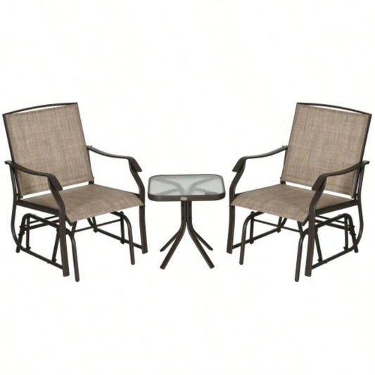 Outsunny 3 Piece Outdoor Glider Chair with Coffee Table Bistro Set, 2 Patio Rocking Swing Chairs with Breathable Sling Fabric, Glass Tabletop, Backyard, Garden and Porch, Mixed Brown