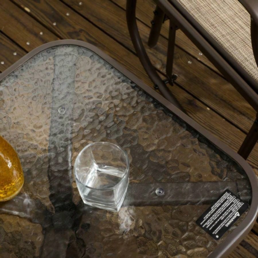 Outsunny 3 Piece Outdoor Glider Chair with Coffee Table Bistro Set, 2 Patio Rocking Swing Chairs with Breathable Sling Fabric, Glass Tabletop, Backyard, Garden and Porch, Mixed Brown