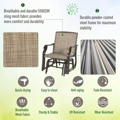 Outsunny 3 Piece Outdoor Glider Chair with Coffee Table Bistro Set, 2 Patio Rocking Swing Chairs with Breathable Sling Fabric, Glass Tabletop, Backyard, Garden and Porch, Mixed Brown