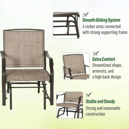 Outsunny 3 Piece Outdoor Glider Chair with Coffee Table Bistro Set, 2 Patio Rocking Swing Chairs with Breathable Sling Fabric, Glass Tabletop, Backyard, Garden and Porch, Mixed Brown