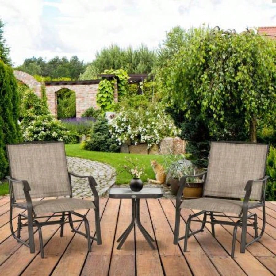 Outsunny 3 Piece Outdoor Glider Chair with Coffee Table Bistro Set, 2 Patio Rocking Swing Chairs with Breathable Sling Fabric, Glass Tabletop, Backyard, Garden and Porch, Mixed Brown