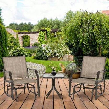 Outsunny 3 Piece Outdoor Glider Chair with Coffee Table Bistro Set, 2 Patio Rocking Swing Chairs with Breathable Sling Fabric, Glass Tabletop, Backyard, Garden and Porch, Mixed Brown