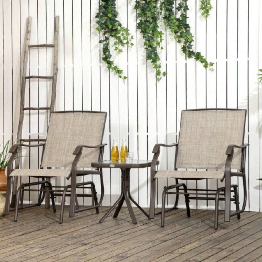 Outsunny 3 Piece Outdoor Glider Chair with Coffee Table Bistro Set, 2 Patio Rocking Swing Chairs with Breathable Sling Fabric, Glass Tabletop, Backyard, Garden and Porch, Mixed Brown