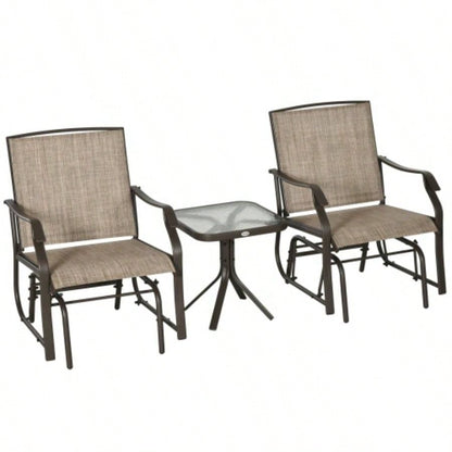 Outsunny 3 Piece Outdoor Glider Chair with Coffee Table Bistro Set, 2 Patio Rocking Swing Chairs with Breathable Sling Fabric, Glass Tabletop, Backyard, Garden and Porch, Mixed Brown