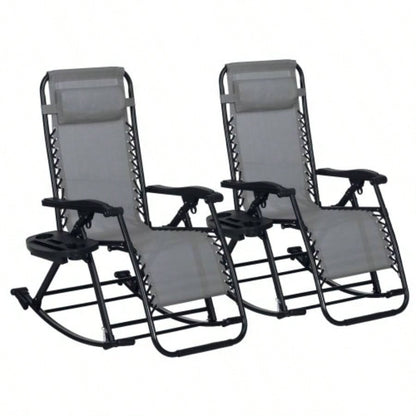 Outsunny 2 Pieces Outdoor Rocking Chairs, Foldable Reclining Zero Lounge Rocker with Pillow, Cup Phone Holder, Combo Design with Folding, Gray