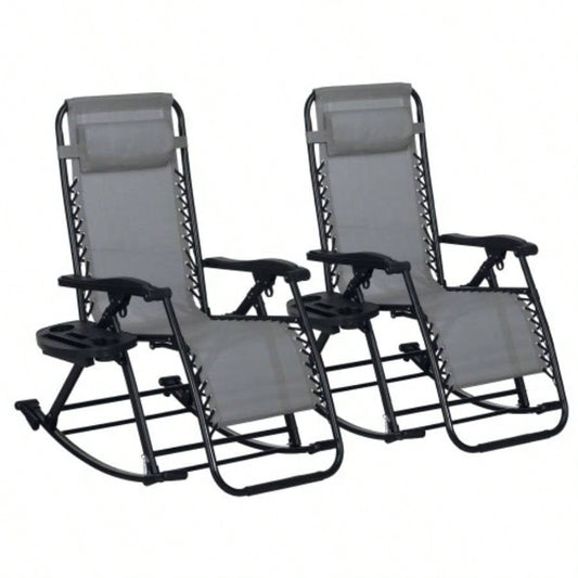Outsunny 2 Pieces Outdoor Rocking Chairs, Foldable Reclining Zero Lounge Rocker with Pillow, Cup Phone Holder, Combo Design with Folding, Gray