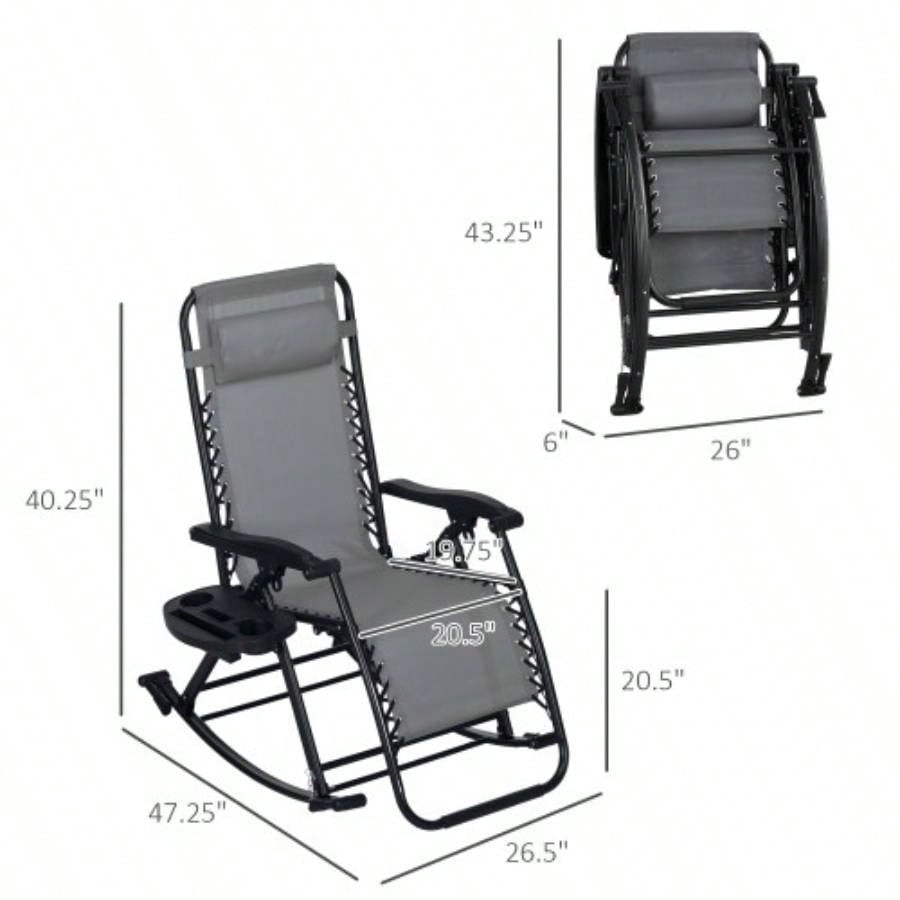 Outsunny 2 Pieces Outdoor Rocking Chairs, Foldable Reclining Zero Lounge Rocker with Pillow, Cup Phone Holder, Combo Design with Folding, Gray