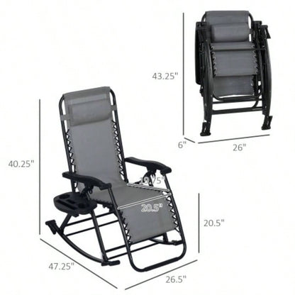 Outsunny 2 Pieces Outdoor Rocking Chairs, Foldable Reclining Zero Lounge Rocker with Pillow, Cup Phone Holder, Combo Design with Folding, Gray