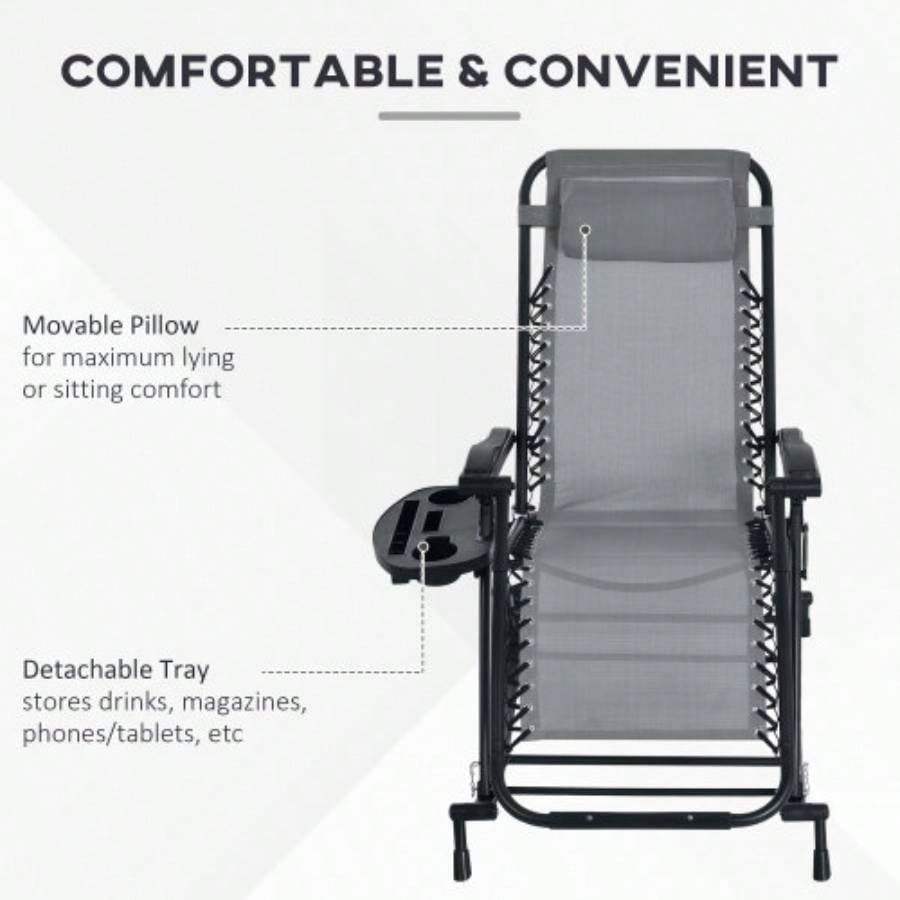 Outsunny 2 Pieces Outdoor Rocking Chairs, Foldable Reclining Zero Lounge Rocker with Pillow, Cup Phone Holder, Combo Design with Folding, Gray
