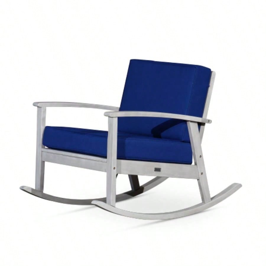 Eucalyptus Rocking Chair With Cushions, Silver Gray, Navy Cushions