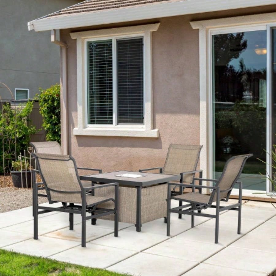 5 Piece Garden Patio Dining Set, Steel, Outdoor Conversation Set, Square Dinner Table with Built - in Bucket Insert, 4 Rocking Chairs Garden, Lawn, Backyard, Beige