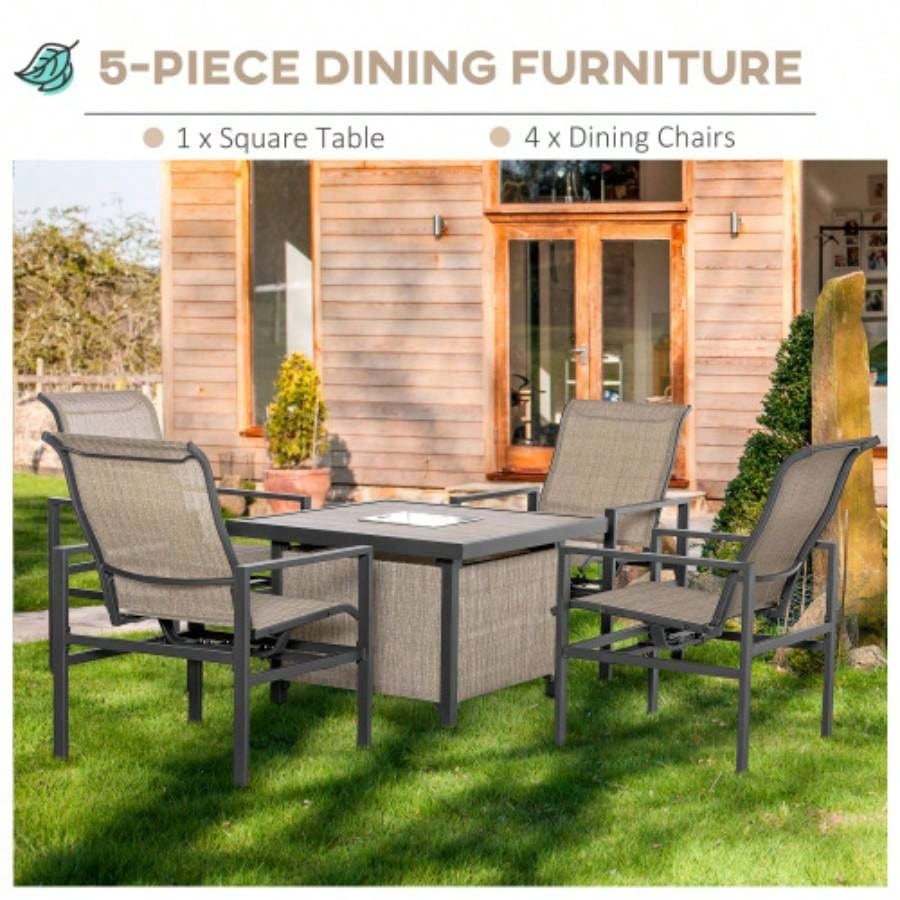 5 Piece Garden Patio Dining Set, Steel, Outdoor Conversation Set, Square Dinner Table with Built - in Bucket Insert, 4 Rocking Chairs Garden, Lawn, Backyard, Beige