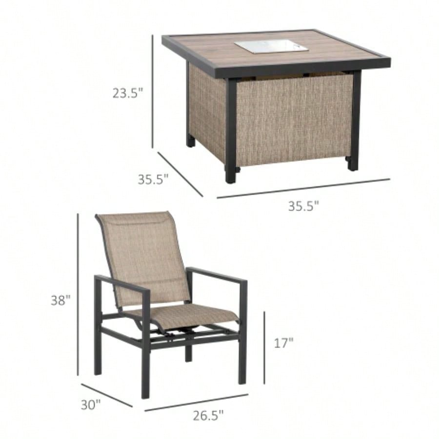 5 Piece Garden Patio Dining Set, Steel, Outdoor Conversation Set, Square Dinner Table with Built - in Bucket Insert, 4 Rocking Chairs Garden, Lawn, Backyard, Beige