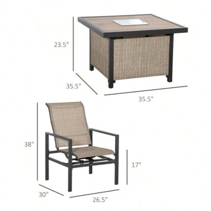 5 Piece Garden Patio Dining Set, Steel, Outdoor Conversation Set, Square Dinner Table with Built - in Bucket Insert, 4 Rocking Chairs Garden, Lawn, Backyard, Beige