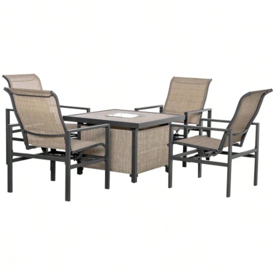 5 Piece Garden Patio Dining Set, Steel, Outdoor Conversation Set, Square Dinner Table with Built - in Bucket Insert, 4 Rocking Chairs Garden, Lawn, Backyard, Beige