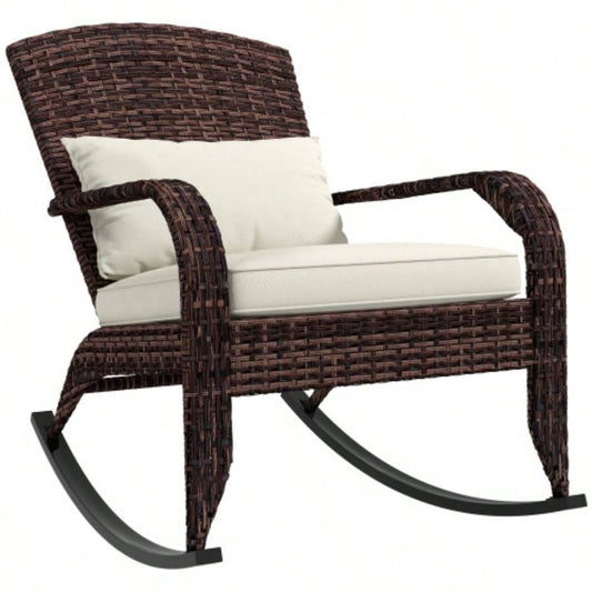 Outsunny Outdoor Wicker Adirondack Rocking Chair, Patio Rattan Rocker Chair with High Back, Cushion, and Pillow Garden, Porch, Balcony, White