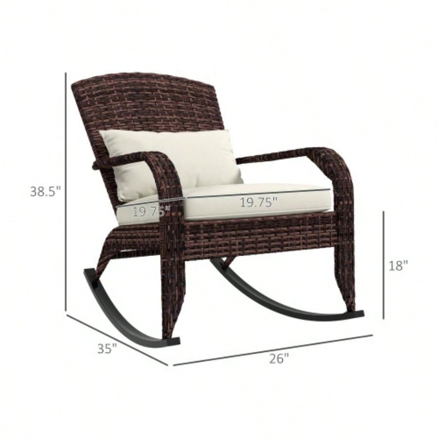 Outsunny Outdoor Wicker Adirondack Rocking Chair, Patio Rattan Rocker Chair with High Back, Cushion, and Pillow Garden, Porch, Balcony, White
