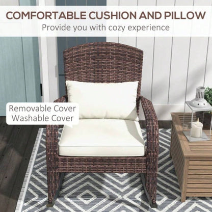 Outsunny Outdoor Wicker Adirondack Rocking Chair, Patio Rattan Rocker Chair with High Back, Cushion, and Pillow Garden, Porch, Balcony, White