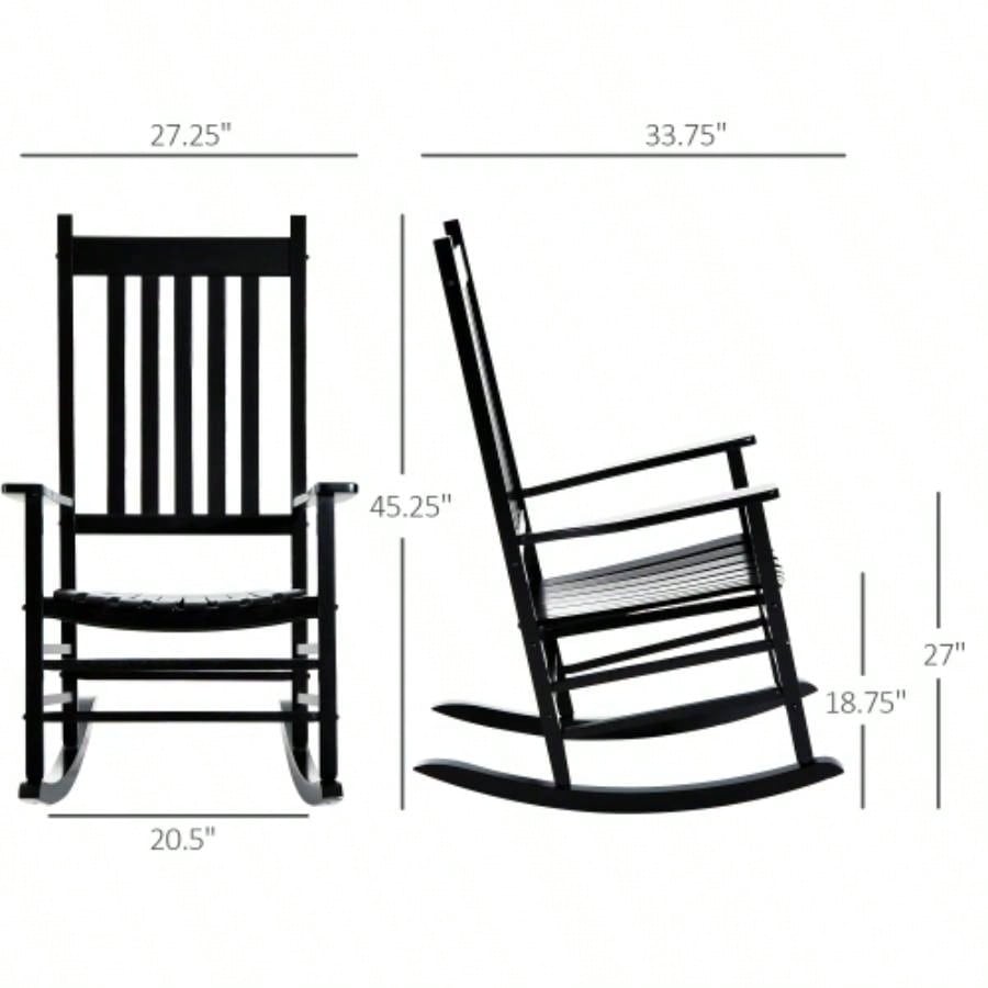 Outsunny Outdoor Rocking Chair, Patio Wooden Rocking Chair with Smooth Armrests, High Back Garden, Balcony, Porch, Supports Up to 352 lbs. Black
