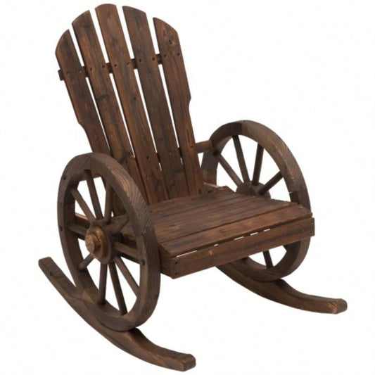 Outsunny Wooden Rocking Chair, Adirondack Rocker Chair/ Slatted Design and Oversized Back, Outdoor Rocking Chair with Wagon Wheel Armrest Porch, Poolside, and Garden, Carbonized