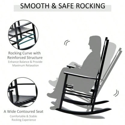 Outsunny Outdoor Rocking Chair, Patio Wooden Rocking Chair with Smooth Armrests, High Back Garden, Balcony, Porch, Supports Up to 352 lbs. Black