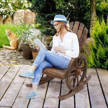 Outsunny Wooden Rocking Chair, Adirondack Rocker Chair/ Slatted Design and Oversized Back, Outdoor Rocking Chair with Wagon Wheel Armrest Porch, Poolside, and Garden, Carbonized