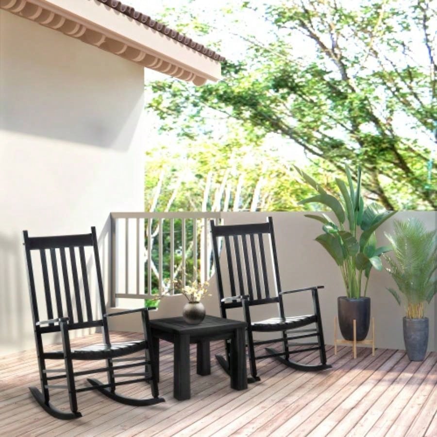 Outsunny Outdoor Rocking Chair, Patio Wooden Rocking Chair with Smooth Armrests, High Back Garden, Balcony, Porch, Supports Up to 352 lbs. Black