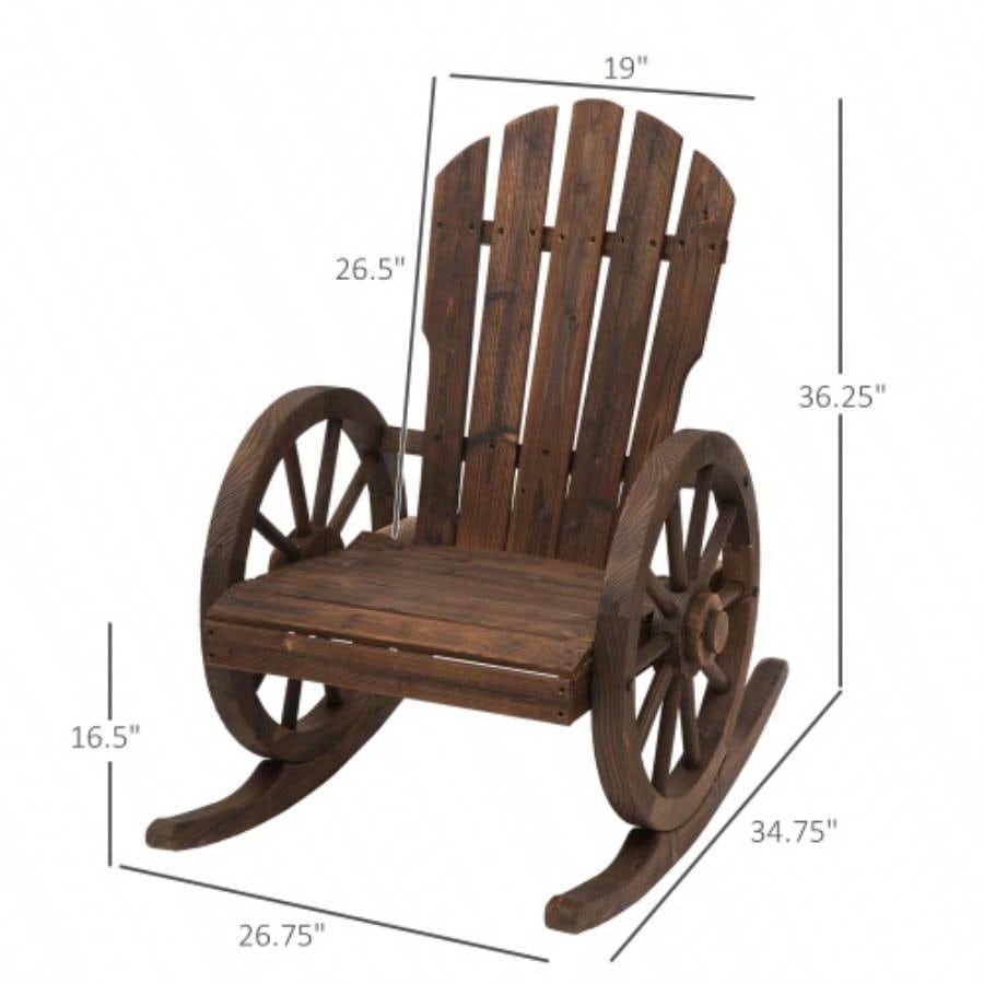 Outsunny Wooden Rocking Chair, Adirondack Rocker Chair/ Slatted Design and Oversized Back, Outdoor Rocking Chair with Wagon Wheel Armrest Porch, Poolside, and Garden, Carbonized