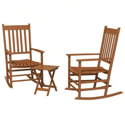 Outsunny Outdoor Rocking Chair Set of 2 with Side Table, Patio Wooden Rocking Chair with Smooth Armrests, High Back Garden, Balcony, Porch, Supports Up to 352 lbs. Teak