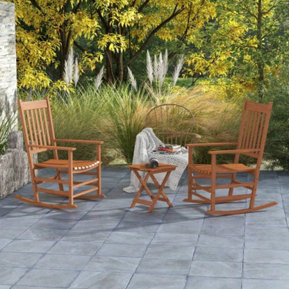 Outsunny Outdoor Rocking Chair Set of 2 with Side Table, Patio Wooden Rocking Chair with Smooth Armrests, High Back Garden, Balcony, Porch, Supports Up to 352 lbs. Teak