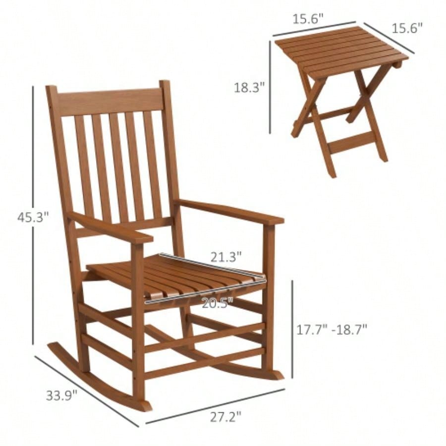 Outsunny Outdoor Rocking Chair Set of 2 with Side Table, Patio Wooden Rocking Chair with Smooth Armrests, High Back Garden, Balcony, Porch, Supports Up to 352 lbs. Teak