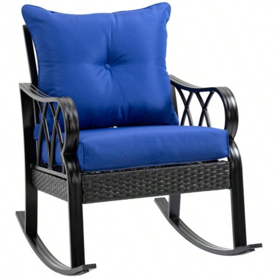 Outsunny Outdoor Wicker Rocking Chair with Padded Cushions, Aluminum Furniture Rattan Porch Rocker Chair/ Armrest Garden, Patio, and Backyard, Blue
