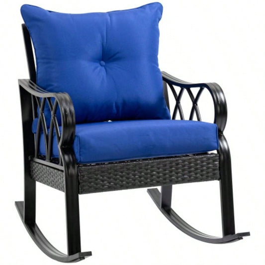 Outsunny Outdoor Wicker Rocking Chair with Padded Cushions, Aluminum Furniture Rattan Porch Rocker Chair/ Armrest Garden, Patio, and Backyard, Blue