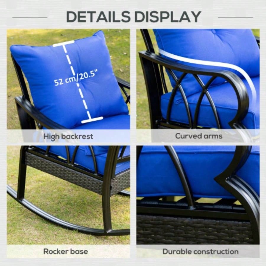 Outsunny Outdoor Wicker Rocking Chair with Padded Cushions, Aluminum Furniture Rattan Porch Rocker Chair/ Armrest Garden, Patio, and Backyard, Blue