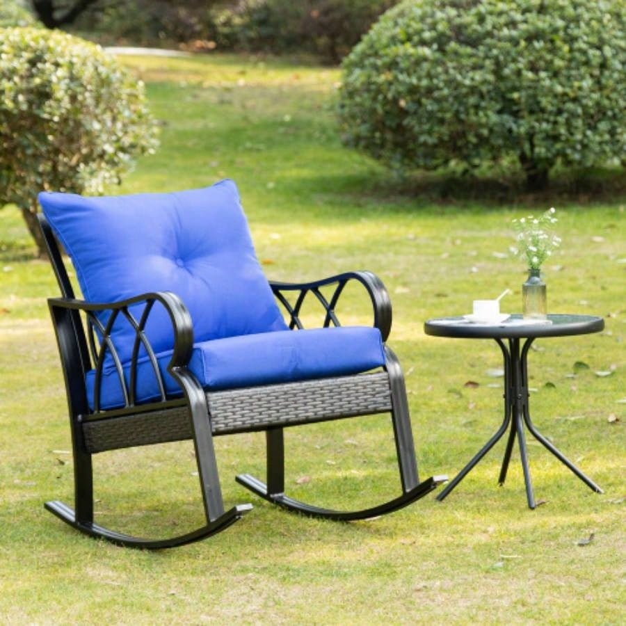 Outsunny Outdoor Wicker Rocking Chair with Padded Cushions, Aluminum Furniture Rattan Porch Rocker Chair/ Armrest Garden, Patio, and Backyard, Blue