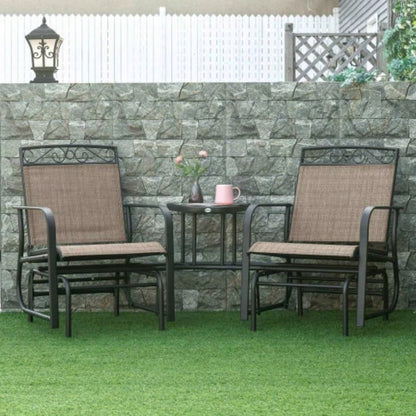 Outsunny Outdoor Glider Chairs with Coffee Table, Patio 2 - Rocking Chair Swing with Breathable Sling Backyard, Garden and Porch, Brown