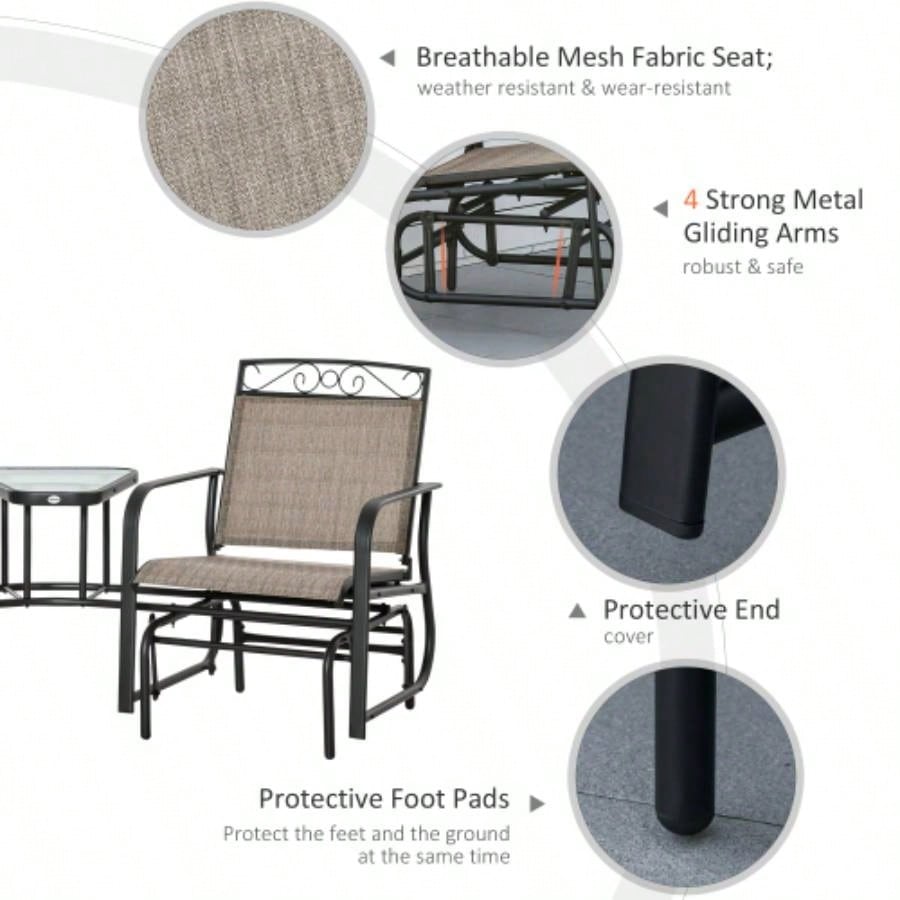 Outsunny Outdoor Glider Chairs with Coffee Table, Patio 2 - Rocking Chair Swing with Breathable Sling Backyard, Garden and Porch, Brown