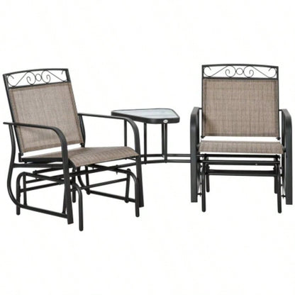 Outsunny Outdoor Glider Chairs with Coffee Table, Patio 2 - Rocking Chair Swing with Breathable Sling Backyard, Garden and Porch, Brown