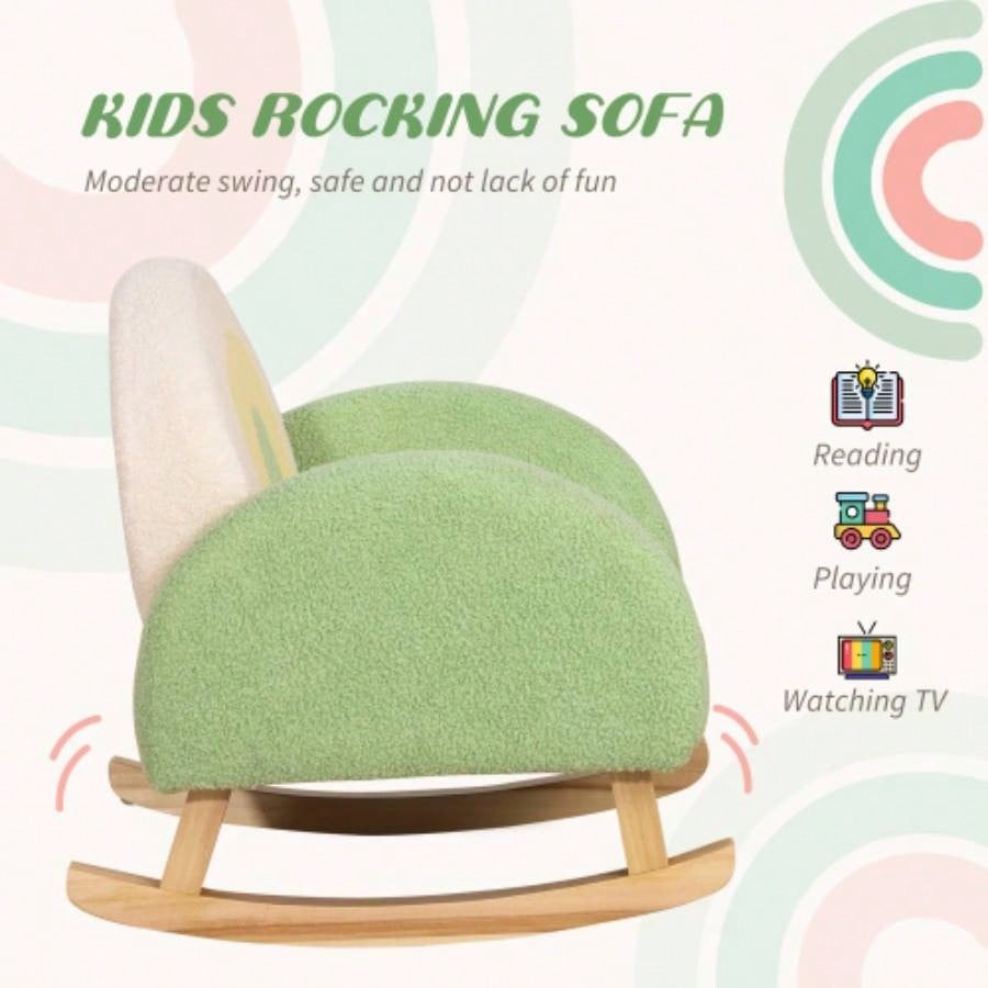 Qaba Kids Sofa, Rocking Toddler Sofa Chair with Solid Wooden Frame, Faux Lamb Fleece Fabric, Kids Arm Chair Nursery or Playroom, Ages 18 - 36 months, Green