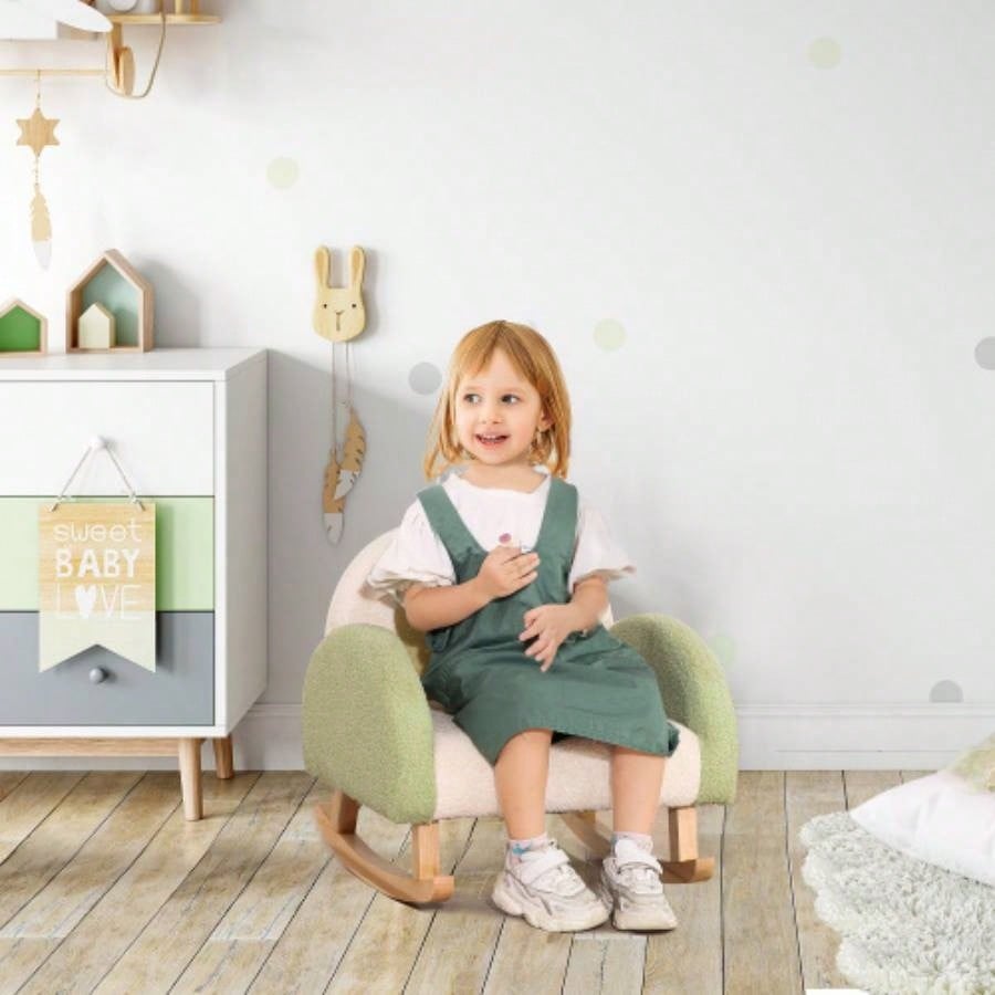 Qaba Kids Sofa, Rocking Toddler Sofa Chair with Solid Wooden Frame, Faux Lamb Fleece Fabric, Kids Arm Chair Nursery or Playroom, Ages 18 - 36 months, Green