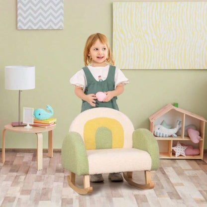 Qaba Kids Sofa, Rocking Toddler Sofa Chair with Solid Wooden Frame, Faux Lamb Fleece Fabric, Kids Arm Chair Nursery or Playroom, Ages 18 - 36 months, Green